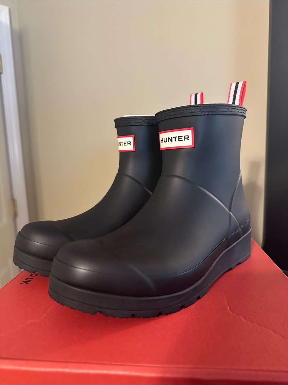 Hunter Black Short Rain Boots with Red-Trim Label
